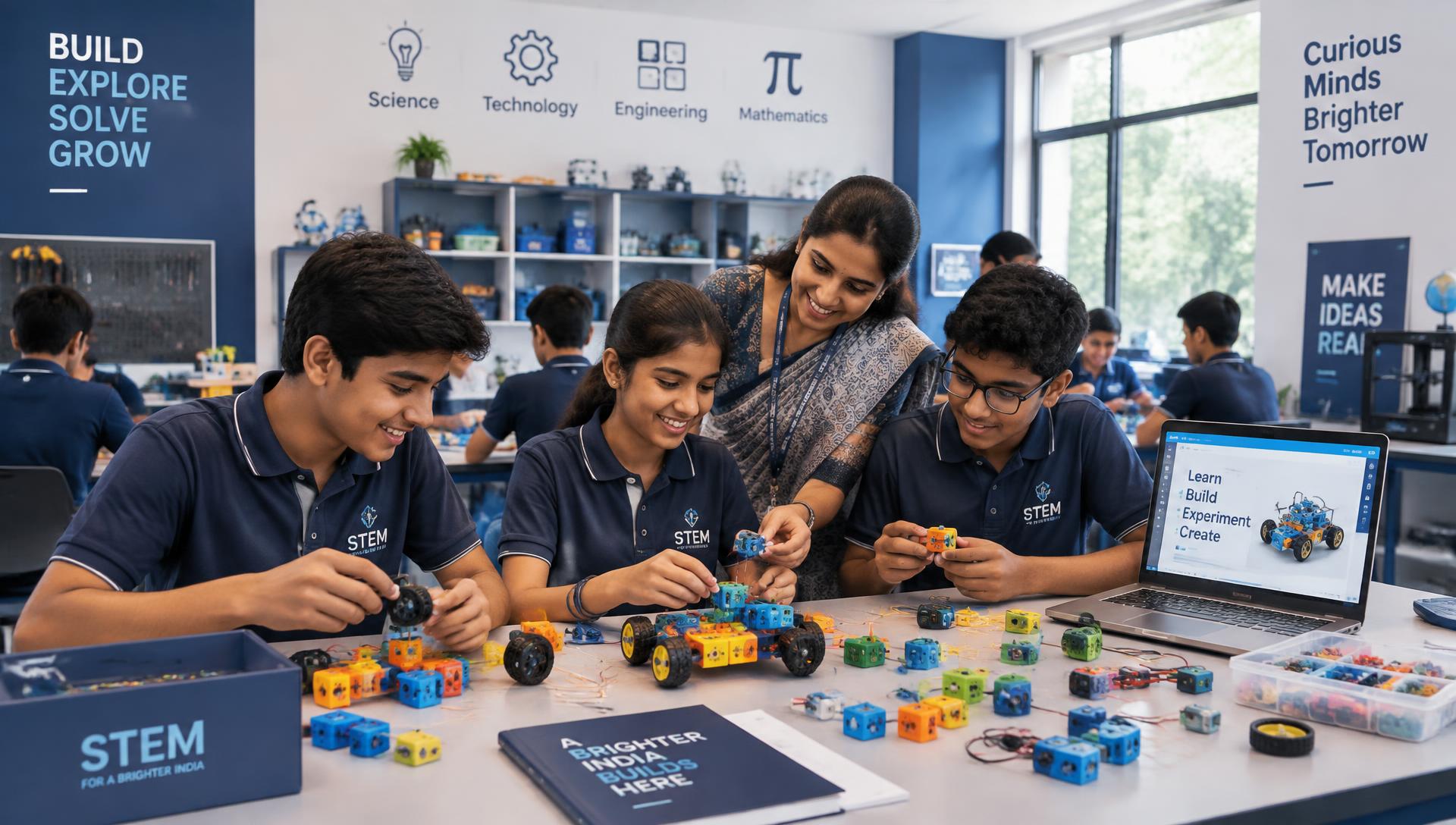 Students building robots with Chromatic plug-and-play blocks in a school STEM lab