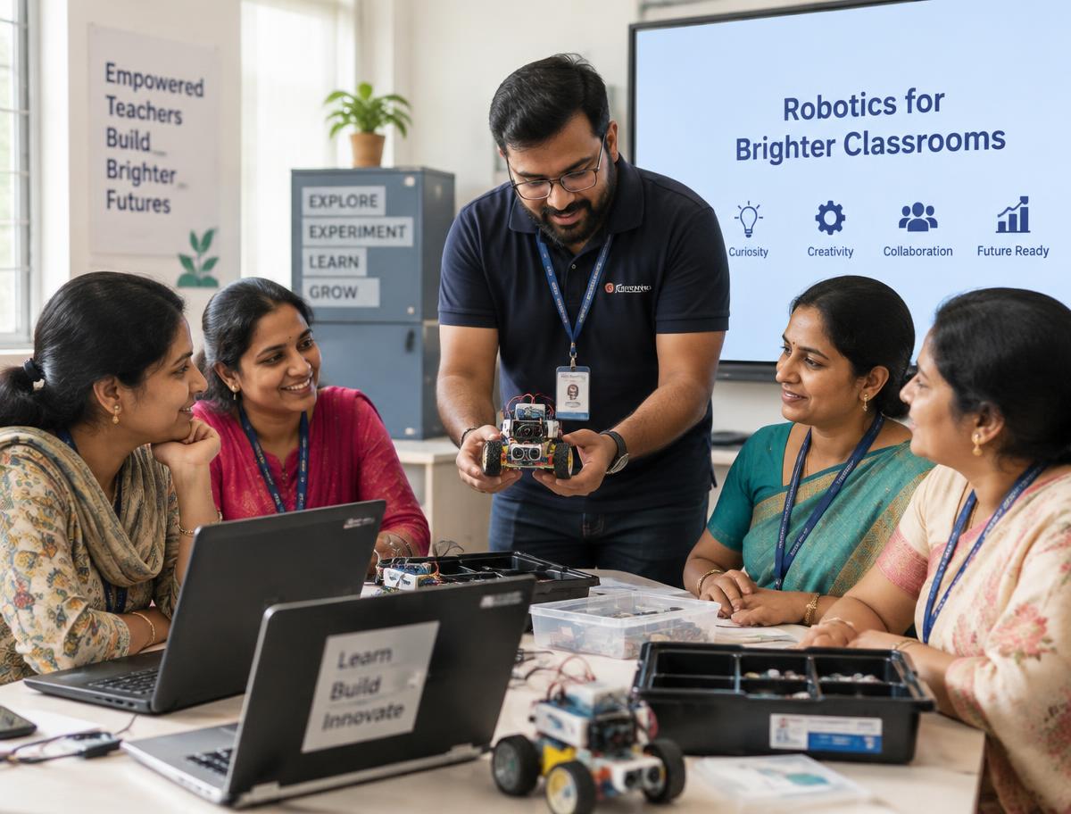 Chromatic trainer demonstrating a robot to school teachers